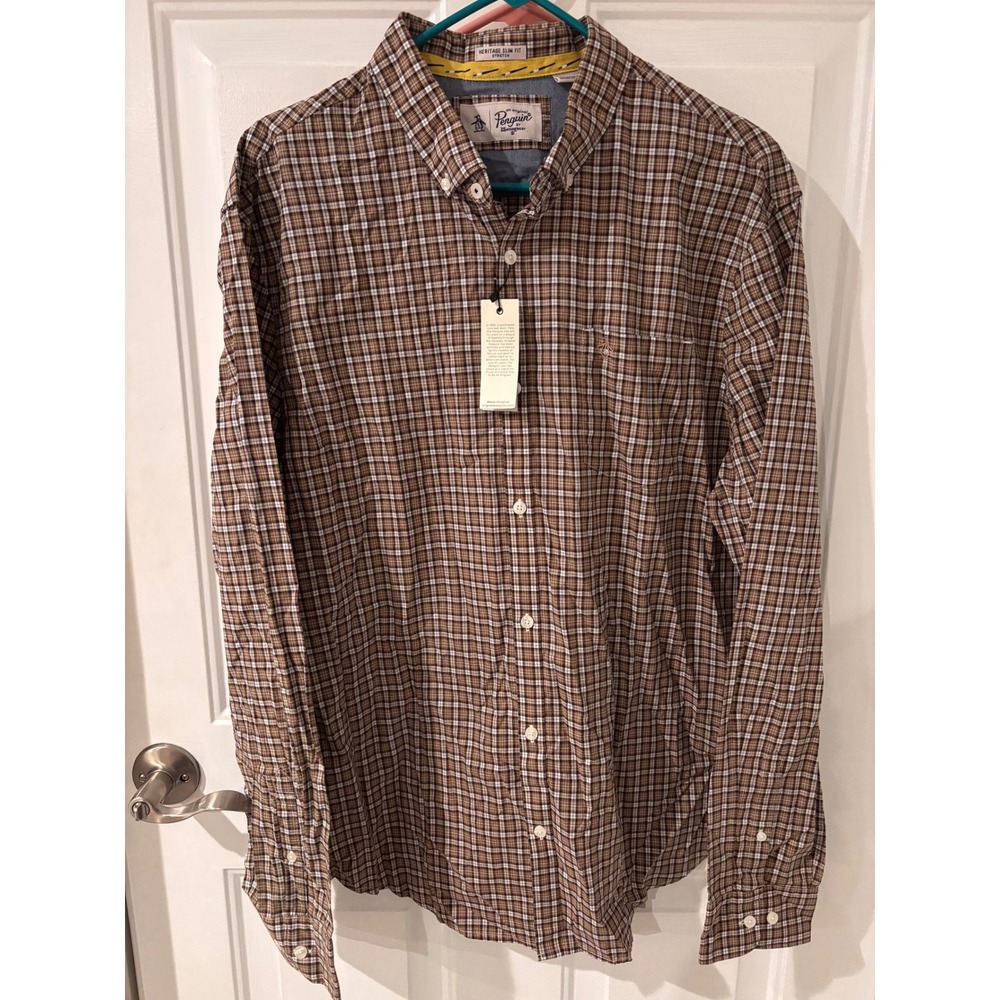 Original Penguin Heritage Slim Fit Stretch Plaid Button Down‎ Shirt Men's XXL